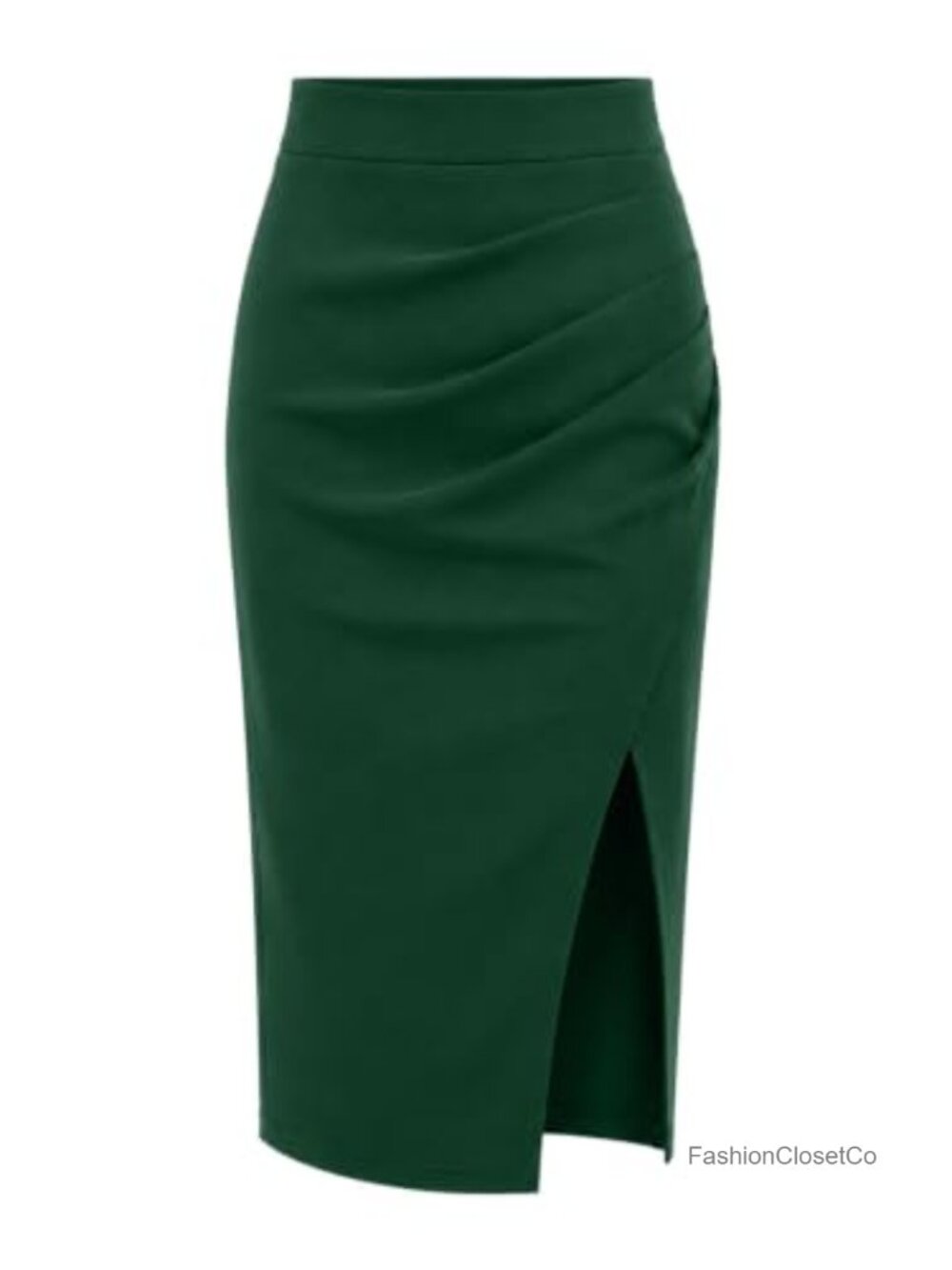 High Waist Ruched Midi Skirt with Front Slit Business Casual